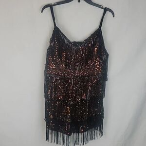 Double Crazy 3XL Copper & Green Sequin Black Tassel Bodysuit